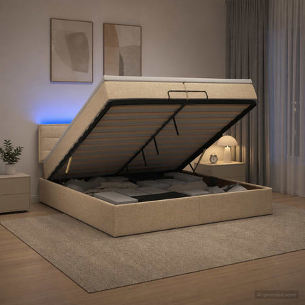 Ottoman seng med madras og LED Cremefarvet 200 x 200 cm Stof