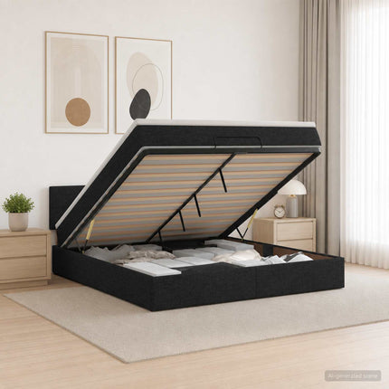 Ottoman seng med madras og LED Sort 140 x 190 cm Stof
