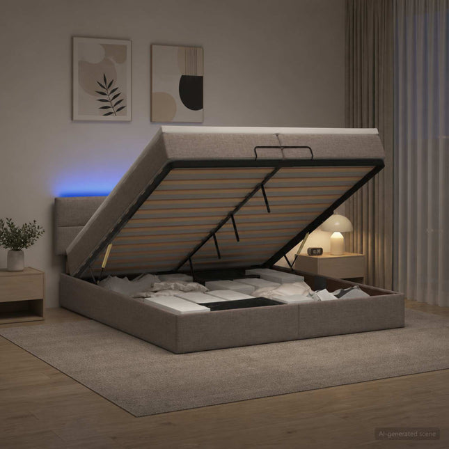 Ottoman seng med madras og LED Gråbrun 200 x 200 cm Stof