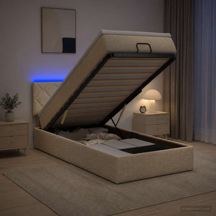 Ottoman seng med madras og LED Cremefarvet 100 x 200 cm Stof