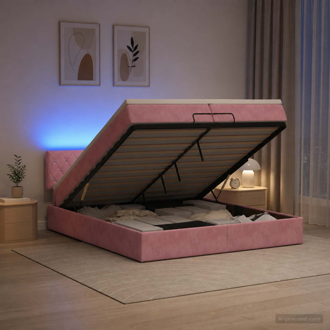 Ottoman seng med madras og LED Lyserød 200 x 200 cm Velour