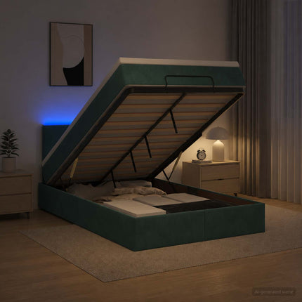 Ottoman seng med madras og LED Mørkegrøn 120 x 190 cm Velour