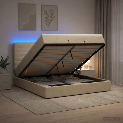 Ottoman seng med madras og LED Cremefarvet 140 x 190 cm Stof