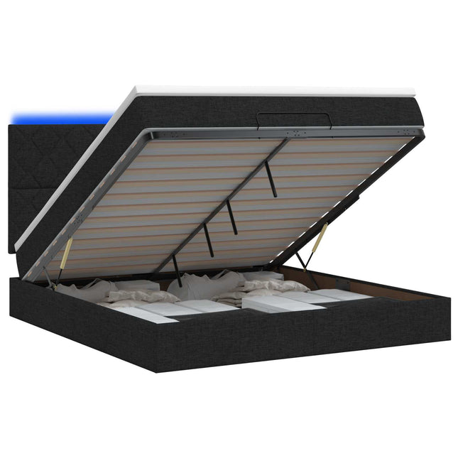 Ottoman seng med madras og LED Sort 140 x 190 cm Stof