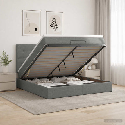 Ottoman seng med madras og LED Mørkegrå 140 x 200 cm Stof