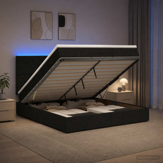 Ottoman seng med madras og LED Sort 140 x 190 cm Stof