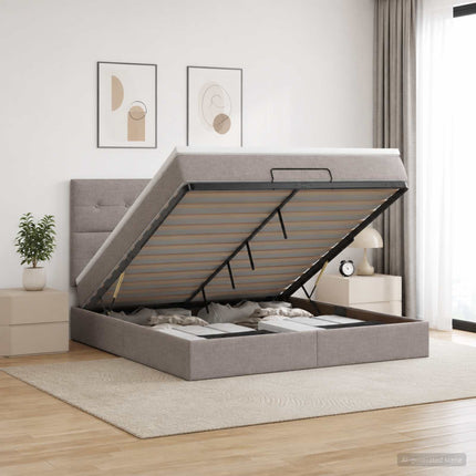 Ottoman seng med madras og LED Gråbrun 140 x 200 cm Stof