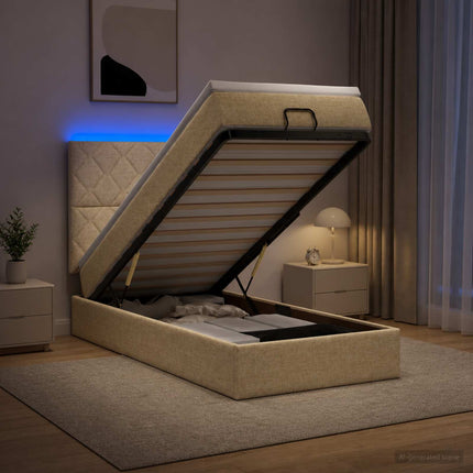 Ottoman seng med madras og LED Cremefarvet 100 x 200 cm Stof