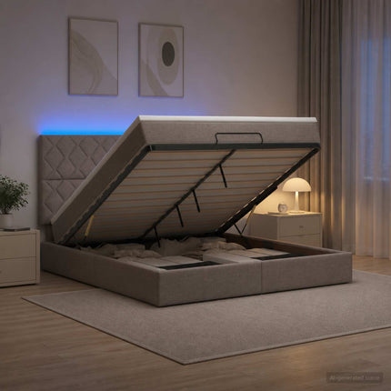 Ottoman seng med madras og LED Gråbrun 160 x 200 cm Stof