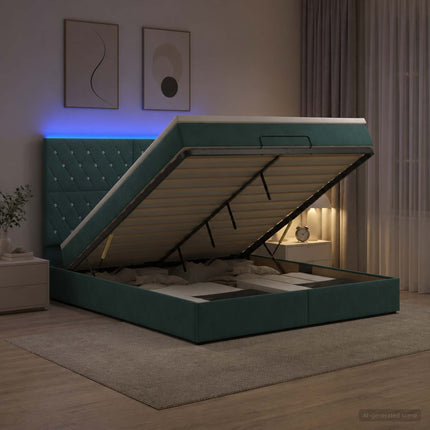 Ottoman seng med madras og LED Mørkegrøn 140 x 200 cm Fløjl