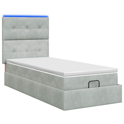 Ottoman seng med madras og LED Lysegrå 90 x 190 cm Fløjl