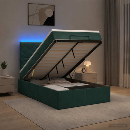 Ottoman seng med madras og LED Mørkegrøn 120 x 190 cm Fløjl