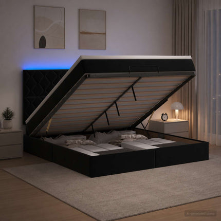 Ottoman seng med madras og LED Sort 160 x 200 cm Fløjl