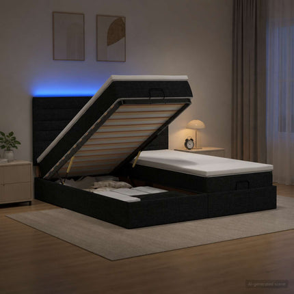 Ottoman seng med madras og LED Sort 160 x 200 cm Stof