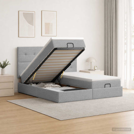 Ottoman seng med madras og LED Lysegrå 180 x 200 cm Stof