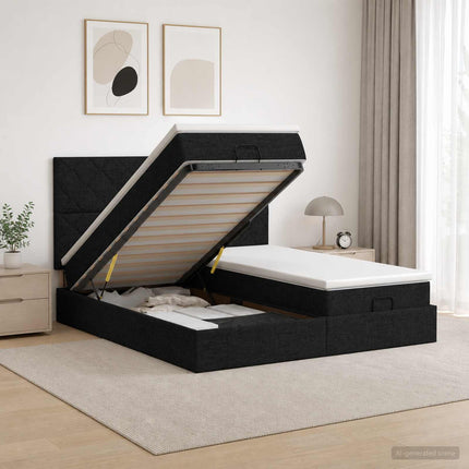 Ottoman seng med madras og LED Sort 180 x 200 cm Stof