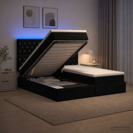 Ottoman seng med madras og LED Sort 180 x 200 cm Velour