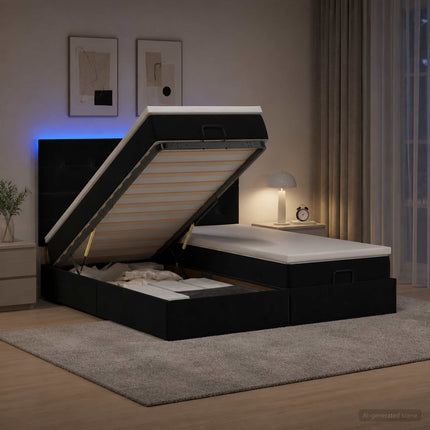 Ottoman seng med madras og LED Sort 180 x 200 cm Velour