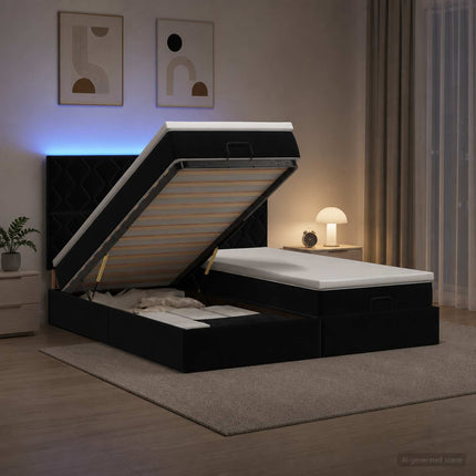Ottoman seng med madras og LED Sort 180 x 200 cm Velour