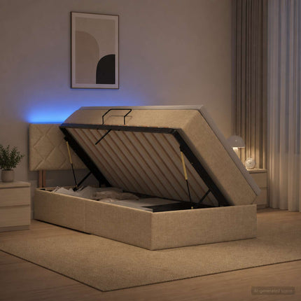 LED opbevarings seng med madras Cremefarvet 100 x 200 cm Stof