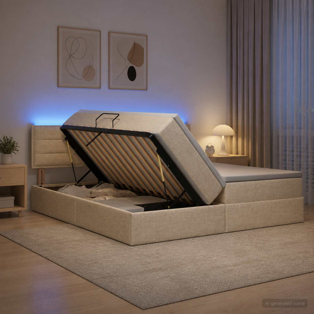 LED opbevarings seng med madras Cremefarvet 180 x 200 cm Stof