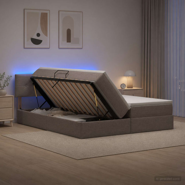 LED opbevarings seng med madras Gråbrun 200 x 200 cm Stof