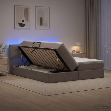 LED opbevarings seng med madras Gråbrun 200 x 200 cm Stof
