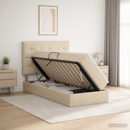 Seng med opbevaring og madras Cremefarvet 100 x 200 cm Stof