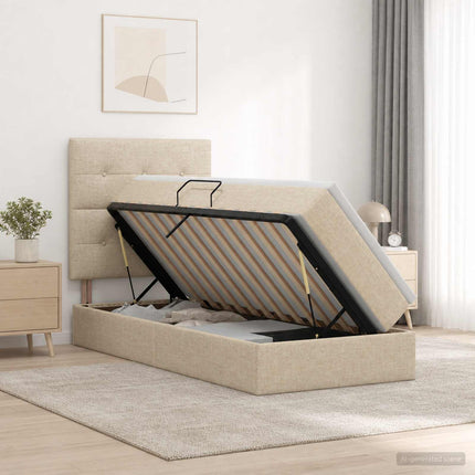 Seng med opbevaring og madras Cremefarvet 90 x 190 cm Stof