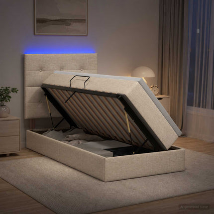 LED opbevarings seng med madras Cremefarvet 90 x 200 cm Stof