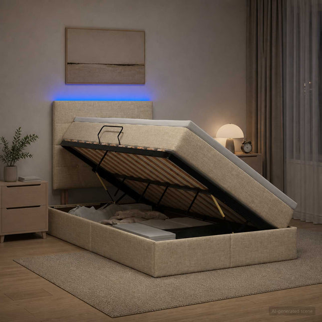 LED opbevarings seng med madras Cremefarvet 120 x 200 cm Stof
