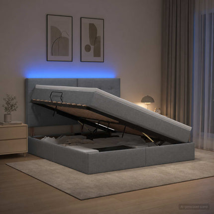 LED opbevarings seng med madras Lysegrå 140 x 190 cm Stof