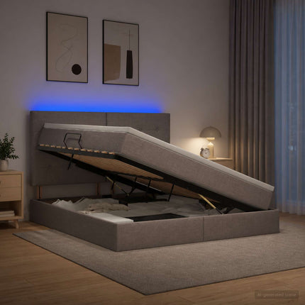 LED opbevarings seng med madras Gråbrun 140 x 200 cm Stof