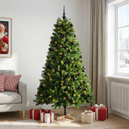 Kunstigt juletræ med julekugle 210 cm 300 LED'er Varm hvid PVC