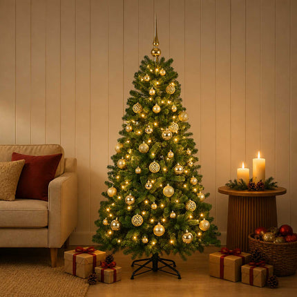 Kunstigt juletræ med julekugle 150 cm 150 LED'er Varm hvid PVC