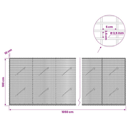 Gabion med 3,5 mm Tråd og 5x2,5 cm Maske 1050x10x100 cm