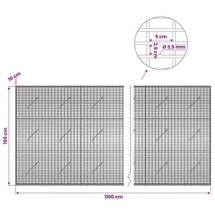Gabion med 3,5 mm Tråd og 5x2,5 cm Maske 1100x10x150 cm
