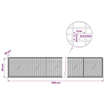 Gabion med 3,5 mm tråd og 5x2,5 cm net 1150x20x50 cm