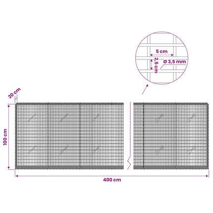 Gabion med 3,5 mm tråd og 5x2,5 cm net 400x20x100 cm
