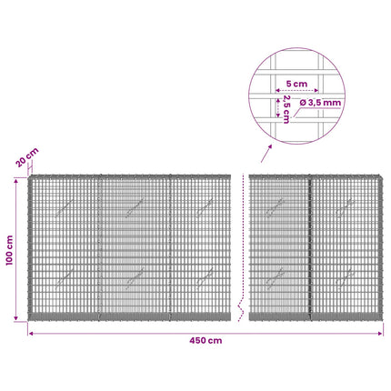 Gabion med 3,5 mm tråd og 5x2,5 cm net 450x20x100 cm