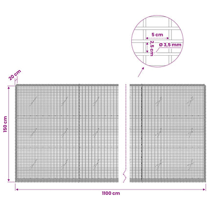 Gabion med 3,5 mm Tråd og 5x2,5 cm Maske 1100x20x150 cm