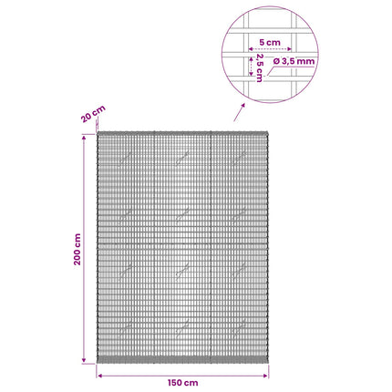 Gabion med 3,5 mm Tråd og 5x2,5 cm Maske 150x20x200 cm