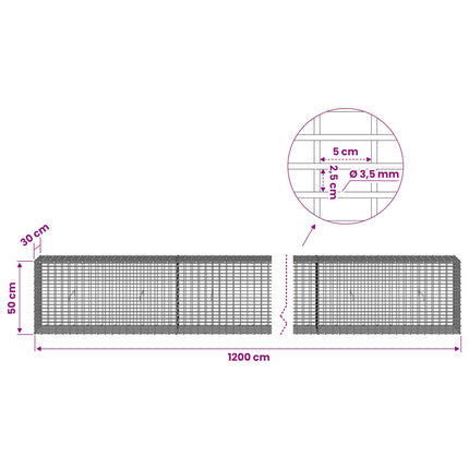 Gabion med 3,5 mm Tråd og 5x2,5 cm Maske 1200x30x50 cm