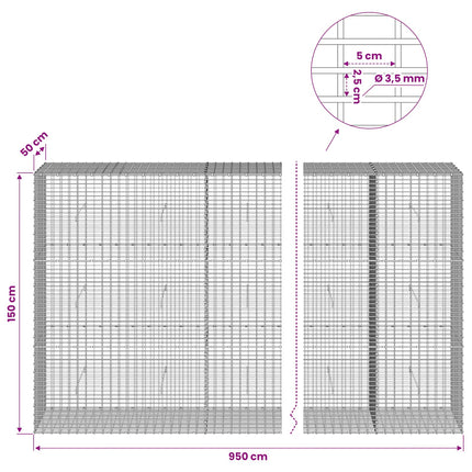 Gabion med 3,5 mm Tråd og 5x2,5 cm Maske 950x50x150 cm