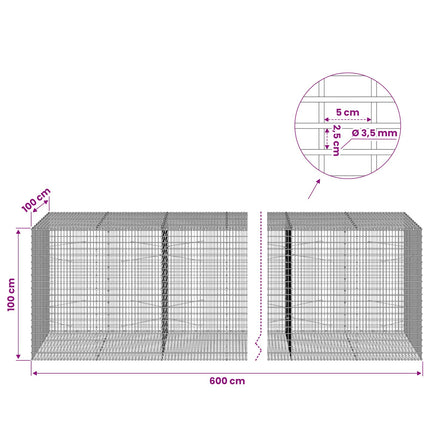 Gabion med 3,5 mm tråd og 5x2,5 cm net 600x100x100 cm