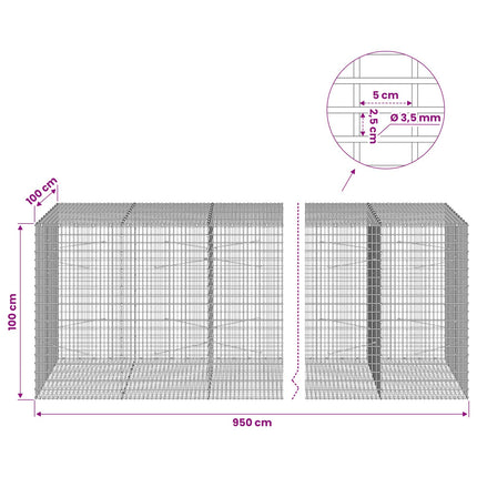 Gabion med 3,5 mm tråd og 5x2,5 cm net 950x100x100 cm