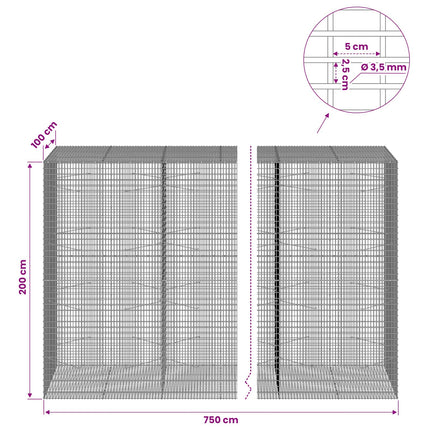 Gabion med 3,5 mm tråd og 5x2,5 cm net 750x100x200 cm