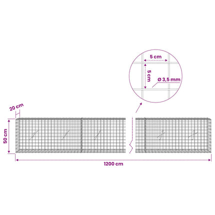 Gabion med 3,5 mm Tråd og 5x5 cm Maske 1200x20x50 cm