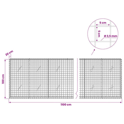 Gabion med 3,5 mm Tråd og 5x5 cm Maske 1100x20x100 cm