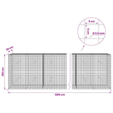 Gabion med 3,5 mm Tråd og 5x5 cm Maske 1200x30x100 cm